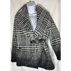 Ellen Reyes Petite  Houndstooth Fleece Jacket Coat Black White Ombre Belted PM